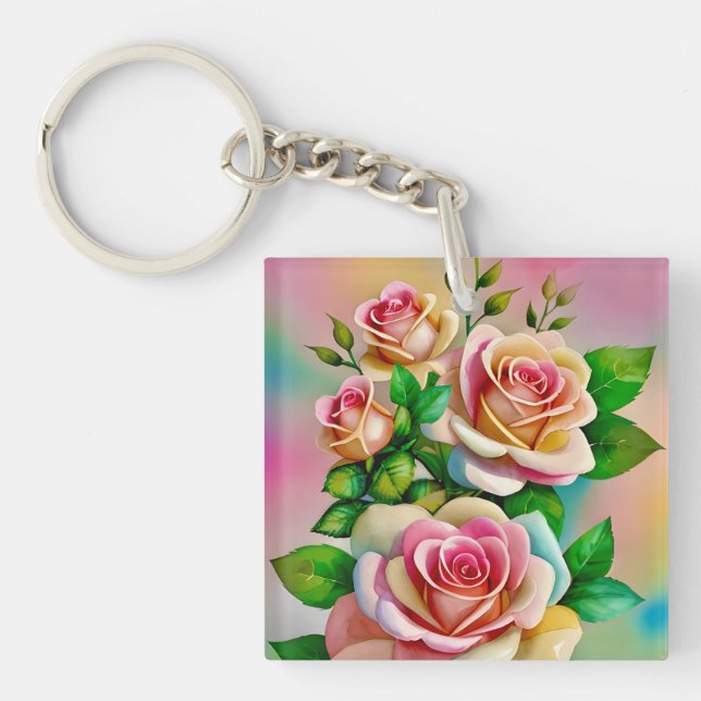 Elegance Roses Pink and Yellow Watercolor Pastel Key Ring (Front)