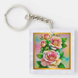 Elegance Roses Pink and Yellow Watercolor Pastel Key Ring