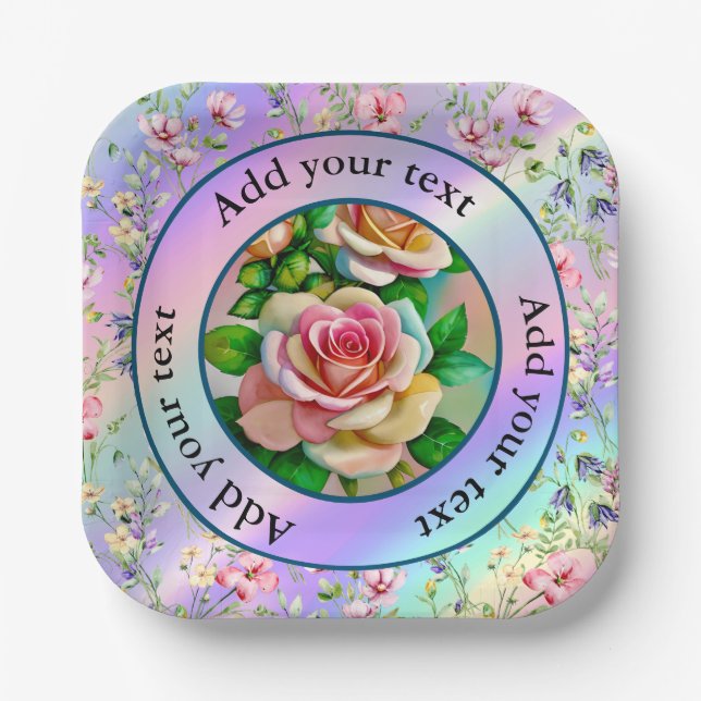 Elegance Roses Pink and Yellow Watercolor Pastel Paper Plate (Front)