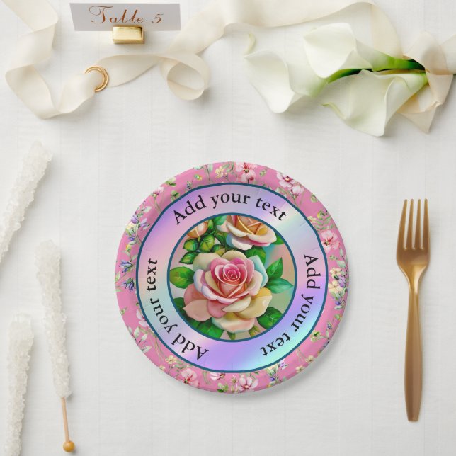 Elegance Roses Pink and Yellow Watercolor Pastel Paper Plate (Wedding)