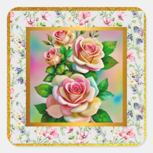 Elegance Roses Pink and Yellow Watercolor Pastel Square Sticker