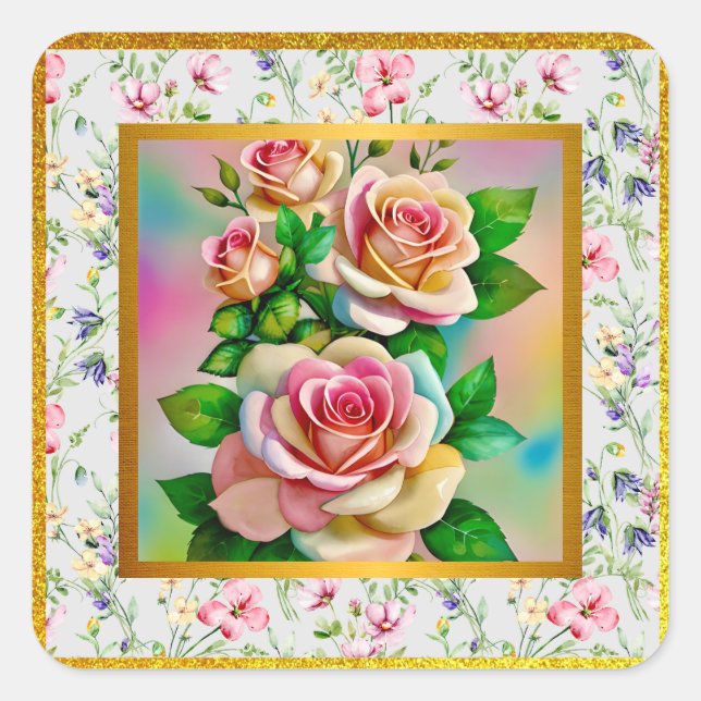 Elegance Roses Pink and Yellow Watercolor Pastel Square Sticker (Front)