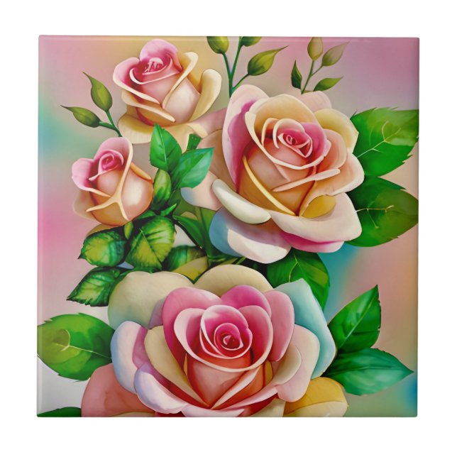 Elegance Roses Pink and Yellow Watercolor Pastel Tile (Front)