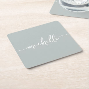 Elegance Sage Green Monogram Script Signature Square Paper Coaster