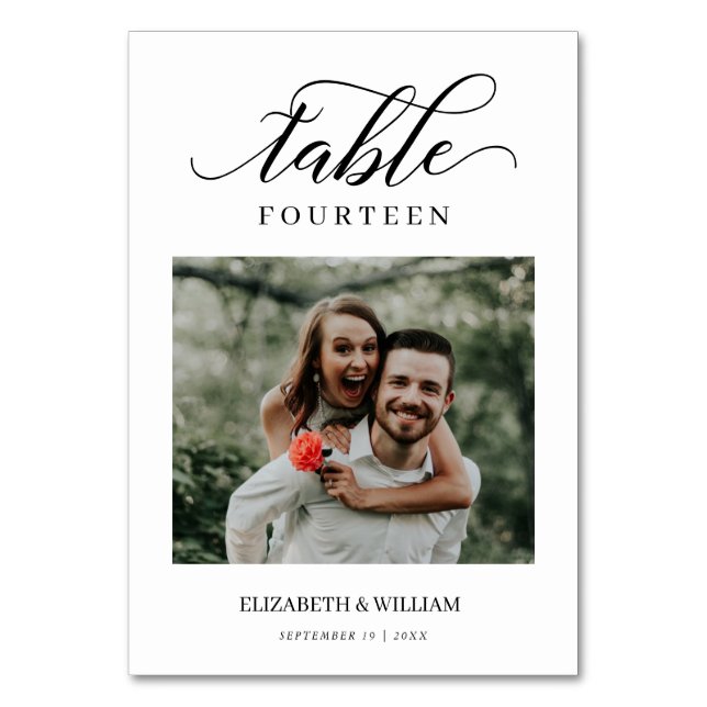Elegance Script Modern Photo Wedding Table Number (Front)