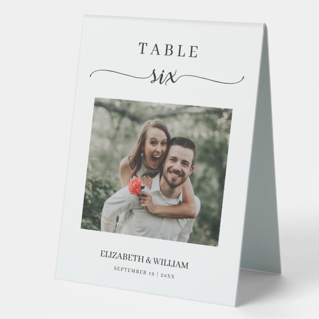 Elegance Script Photo Wedding Table Number Six (Front)