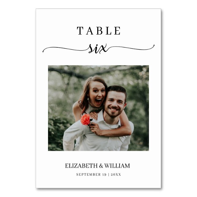 Elegance Script Photo Wedding Table Number Six (Front)