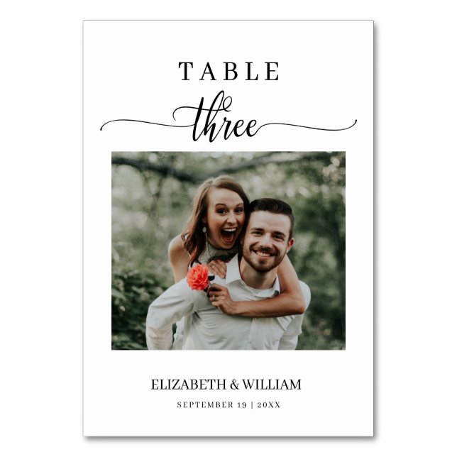 Elegance Script Photo Wedding Table Number Three (Front)