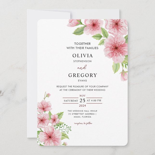 Elegance Spring Watercolor Cherry Blossoms Wedding Invitation (Front)