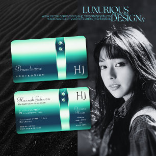 Elegance Teal Gradient Shimmery Diamonds Initials Business Card