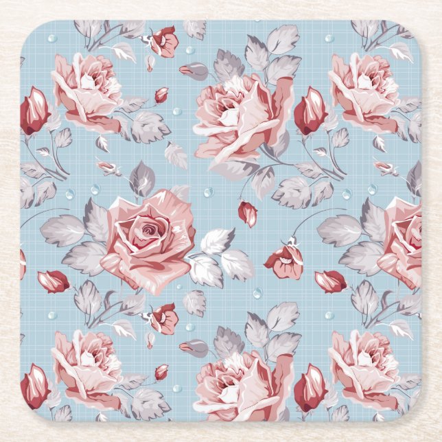 Elegance wallpaper pattern of pink roses 2 square paper coaster (Front)