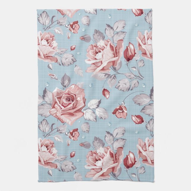 Elegance wallpaper pattern of pink roses 2 tea towel (Vertical)