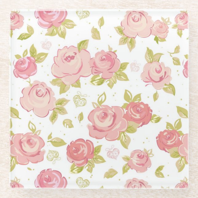 Elegance wallpaper pattern of pink roses 3 glass coaster (Front)