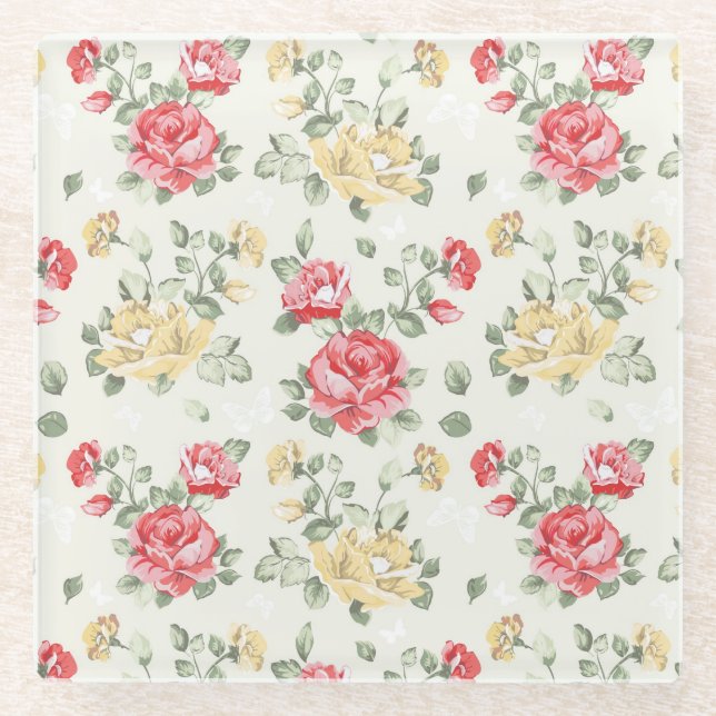 Elegance wallpaper pattern of pink roses glass coaster (Front)