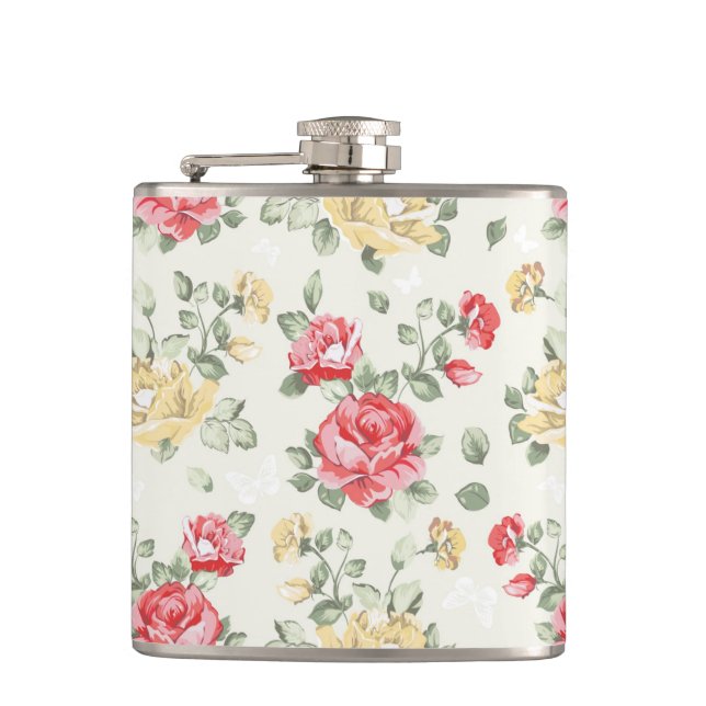 Elegance wallpaper pattern of pink roses hip flask (Front)