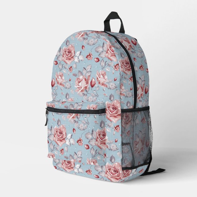 Elegance wallpaper pattern of pink roses printed backpack (Back Corner Right)