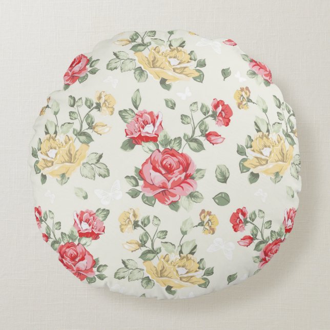 Elegance wallpaper pattern of pink roses round cushion (Front)