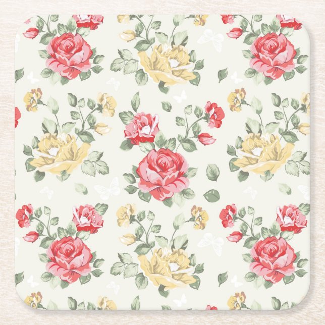 Elegance wallpaper pattern of pink roses square paper coaster (Front)