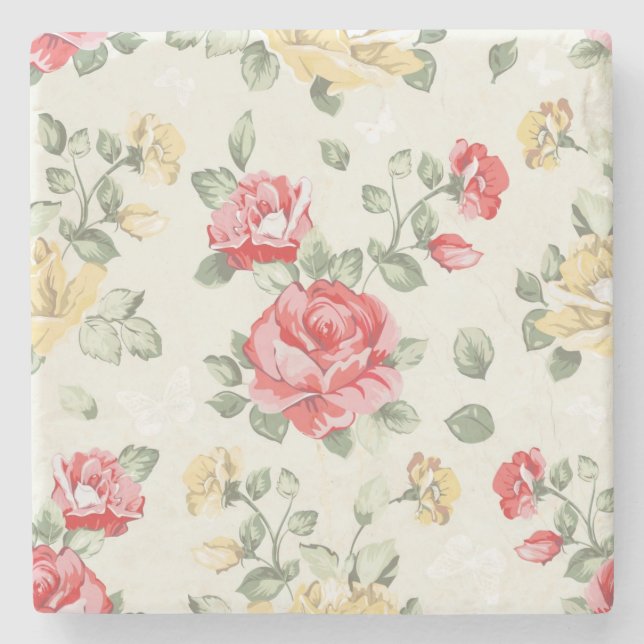 Elegance wallpaper pattern of pink roses stone coaster (Front)