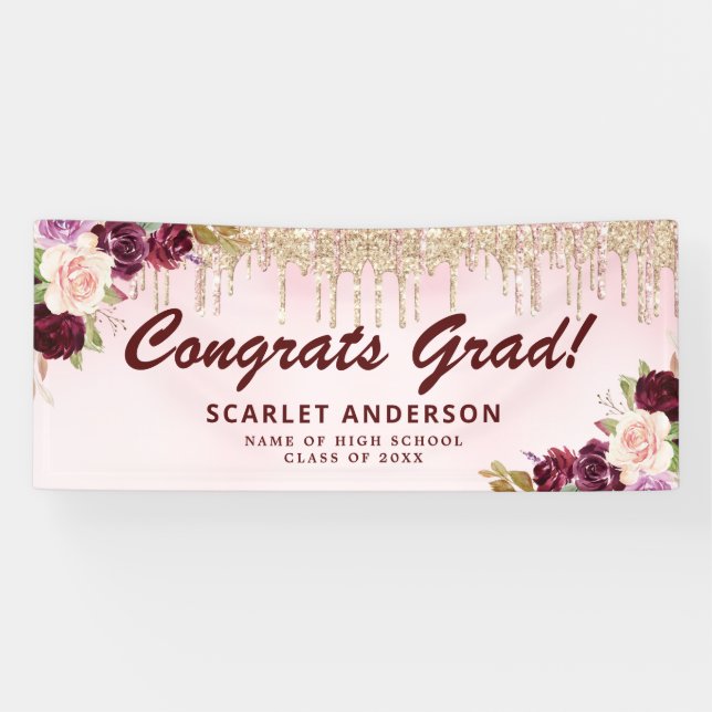 eleganglitter berry blush floral graduation banner (Horizontal)