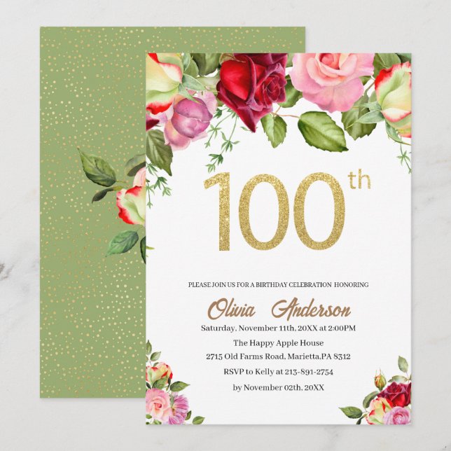 Elegant 100th  Birthday Celebration Watercolor Gli Invitation (Front/Back)