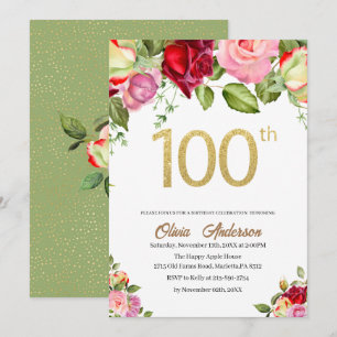Elegant 100th  Birthday Celebration Watercolor Gli Invitation