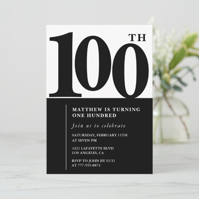 Elegant 100th birthday invitation Black Modern (Standing Front)