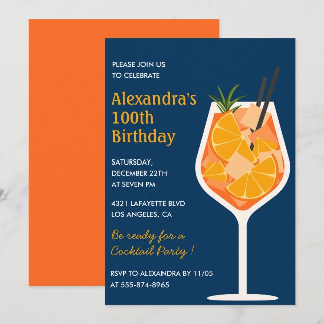 Elegant 100th birthday invitation Cocktail Navy (Front/Back)