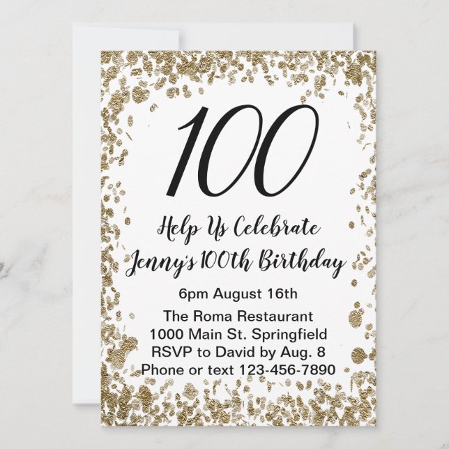 Elegant 100th Birthday Invitation For Her in Gold (Front)