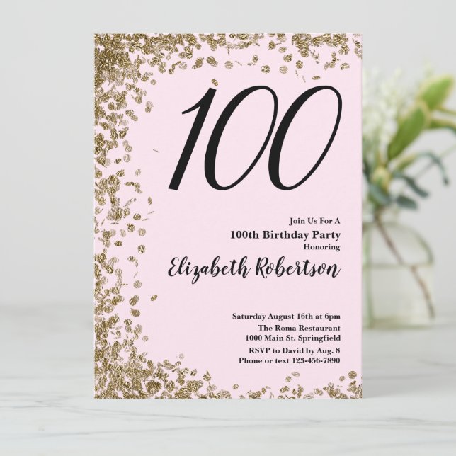 Elegant 100th Birthday Invitation Pink Gold Sequin (Standing Front)