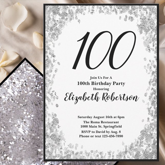 Elegant 100th Birthday Invitation Silver and Black (Creator Uploaded)