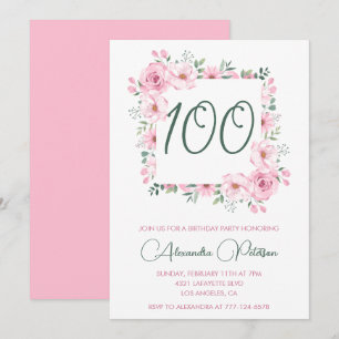 Elegant 100th birthday invitations Floral  Pink