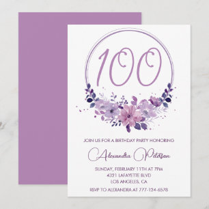 Elegant 100th birthday invitations Floral Purple