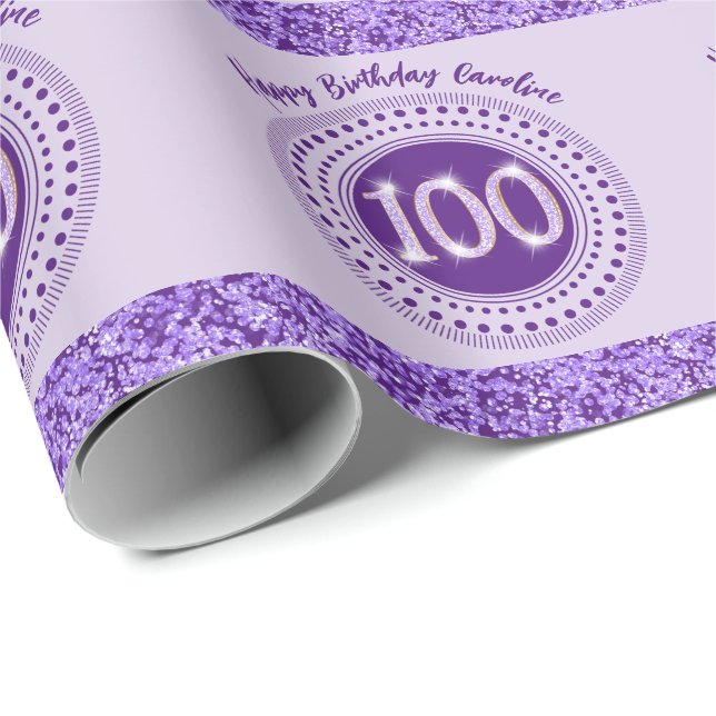 Elegant 100th Birthday Purple Glitter with Stripes Wrapping Paper (Roll Corner)