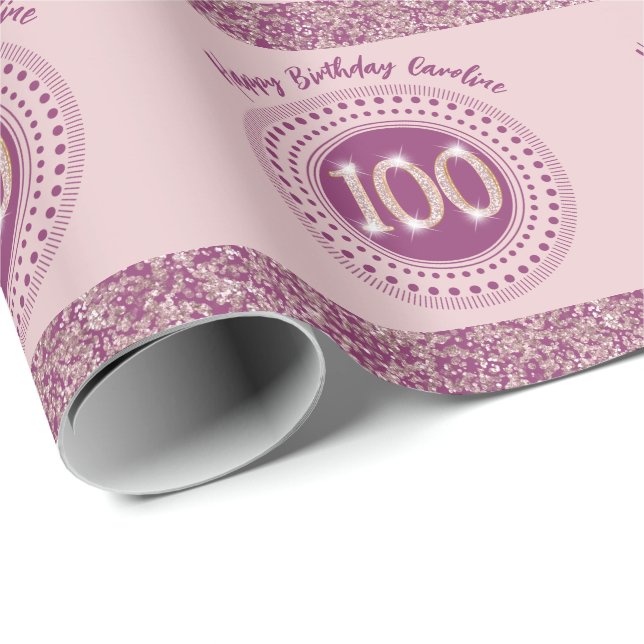 Elegant 100th Birthday Rose Gold Glitter & Stripes Wrapping Paper (Roll Corner)