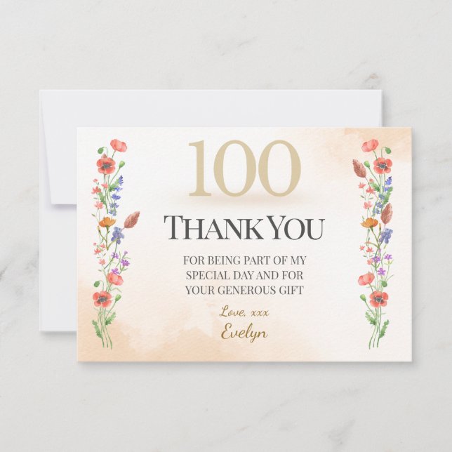 Elegant 100th Birthday – Wildflowers Design Thank You Card (Front)