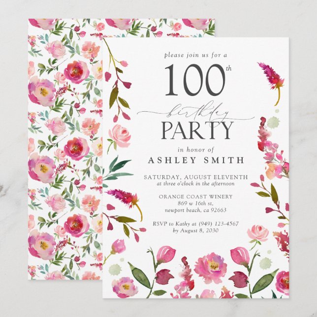 Elegant 100th Pink Watercolor Floral Birthday  Invitation (Front/Back)