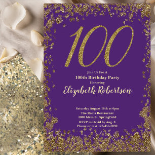 Elegant 100th Purple Birthday Invitation Gold
