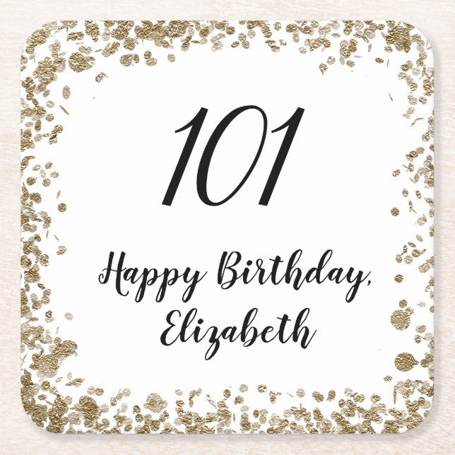 Elegant 101st Birthday Coasters With Gold Sequins (Front)