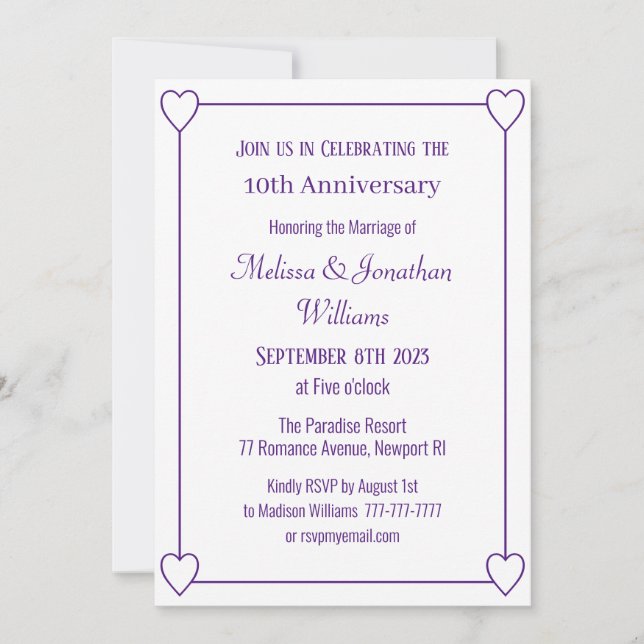 Elegant 10th Anniversary Romantic Hearts Purple Invitation (Front)