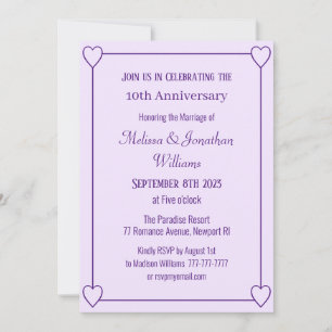 Elegant 10th Anniversary Romantic Hearts Purple Invitation
