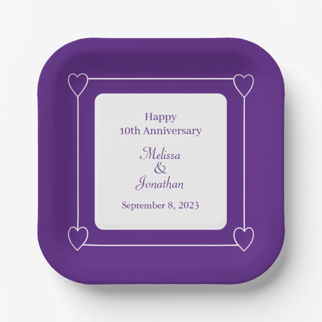 Elegant 10th Anniversary Romantic Hearts Purple Paper Plate (Front)