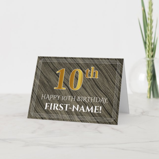 Elegant 10th Birthday: Faux Wood, Faux Gold Look Card (Front)
