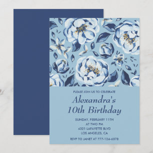 Elegant 10th birthday invitations Floral Blue