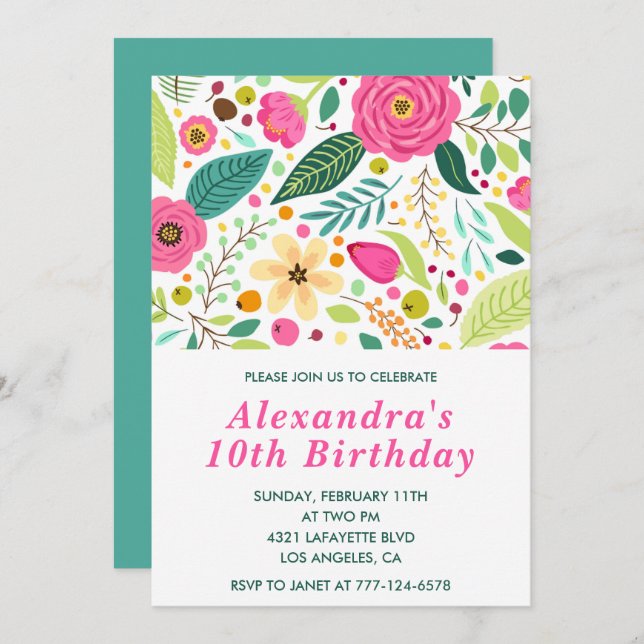 Elegant 10th birthday invitations Floral Colourful (Front/Back)