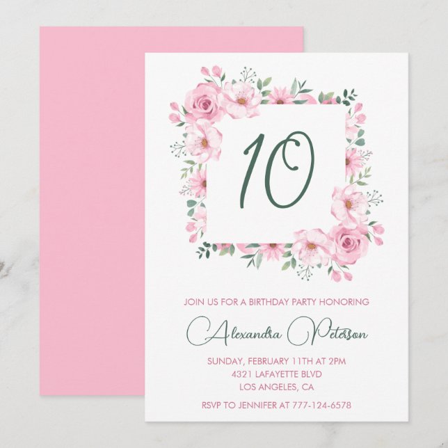 Elegant 10th birthday invitations Floral  Pink (Front/Back)