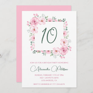 Elegant 10th birthday invitations Floral  Pink
