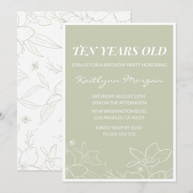 Elegant 10th birthday invitations Modern Floral  (Front/Back)