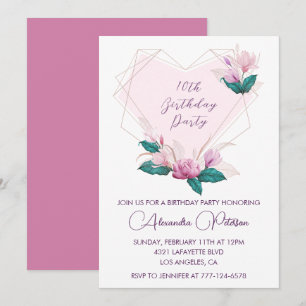 Elegant 10th birthday invitations Pink flowers 