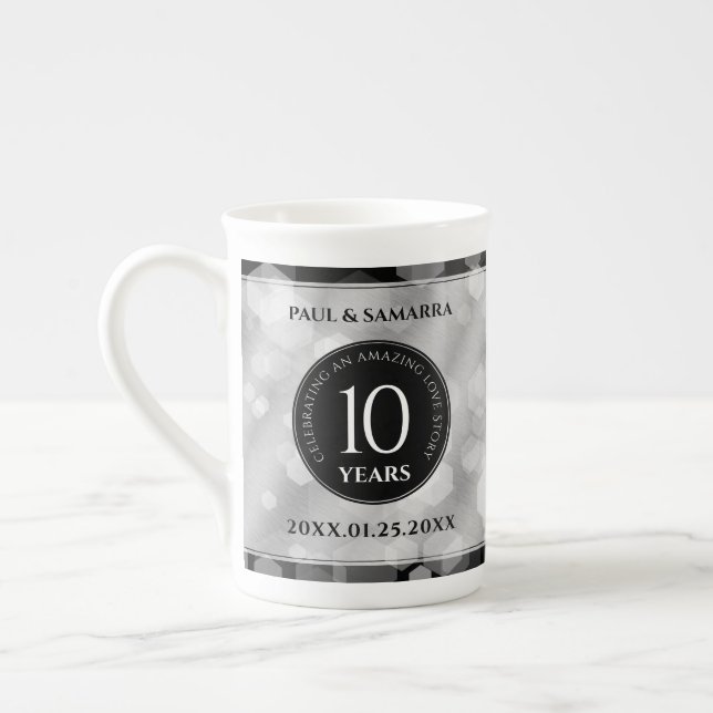 Elegant 10th Tin Wedding Anniversary Celebration Bone China Mug (Left)